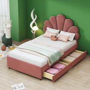 upholstered bed children&apos;s bed with 2 drawers 90 x 200 cm, bed frame with floral headboard and slatted frame, beige/pink