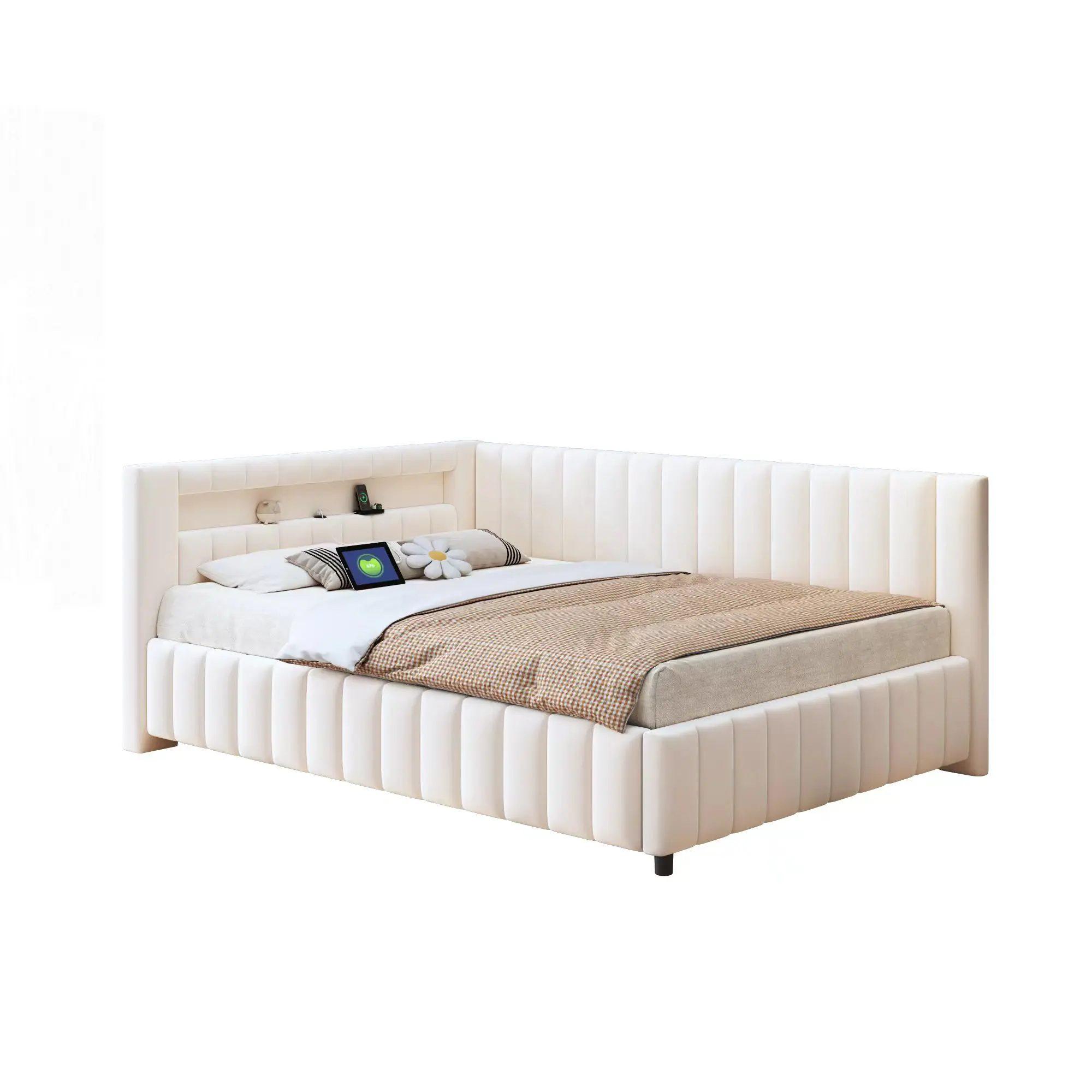 upholstered sofa bed 140x200 upholstered in velvet fabric with led light and usb charging port with backrest headboard 1