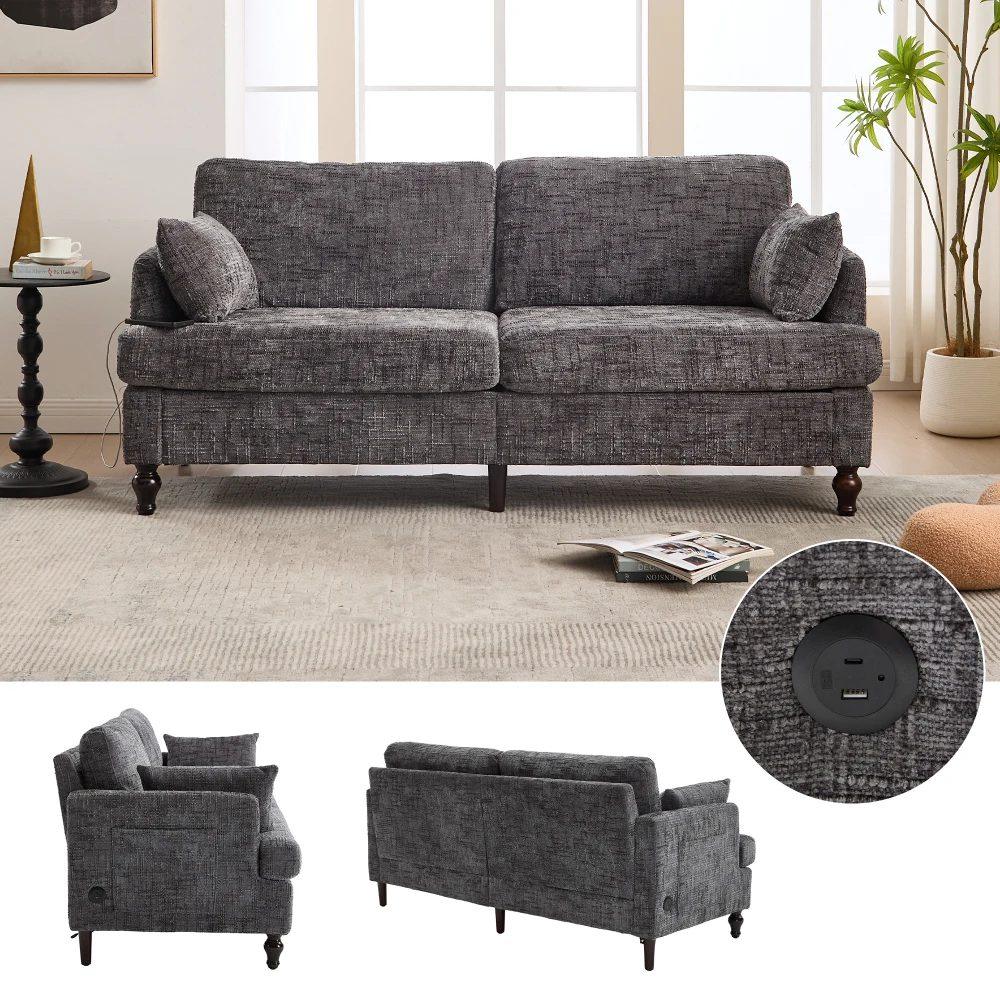 modern 2 seater chenille sofa with wooden legs, led light, usb charging port and storage bag 0|