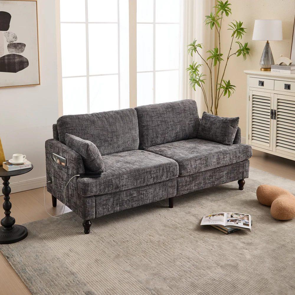 modern 2 seater chenille sofa with wooden legs, led light, usb charging port and storage bag 12
