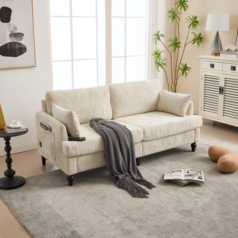 modern 2 seater chenille sofa with wooden legs, led light, usb charging port and storage bag 21