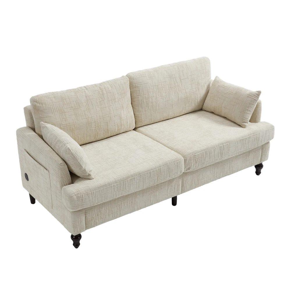 modern 2 seater chenille sofa with wooden legs, led light, usb charging port and storage bag 25