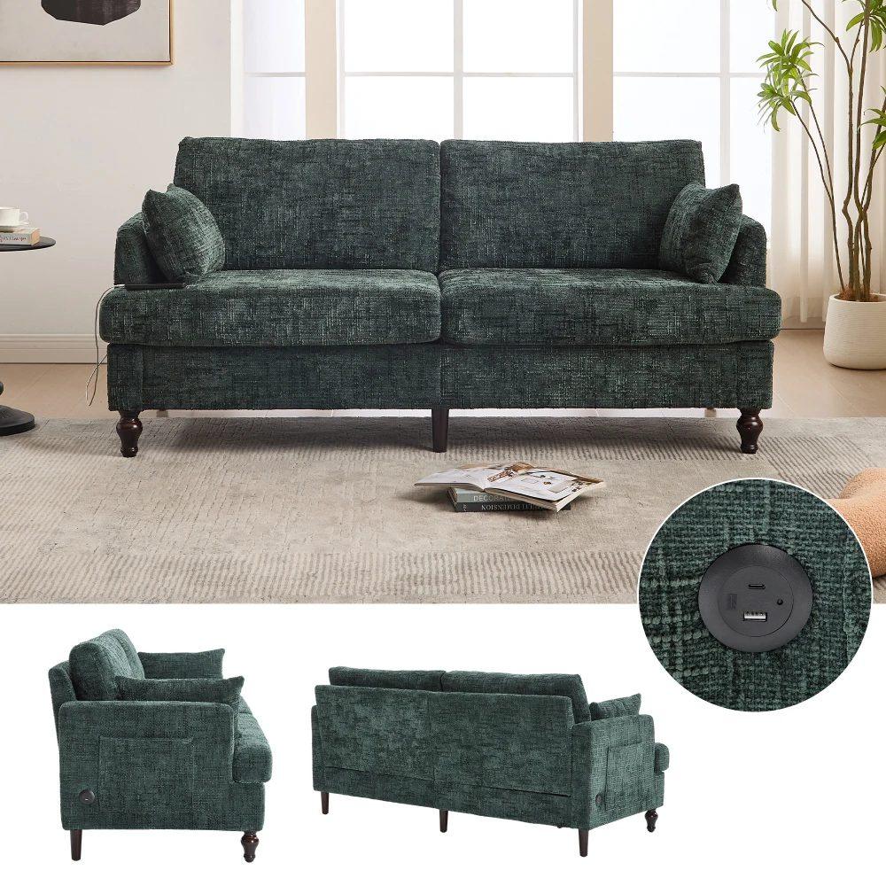 modern 2 seater chenille sofa with wooden legs, led light, usb charging port and storage bag 26