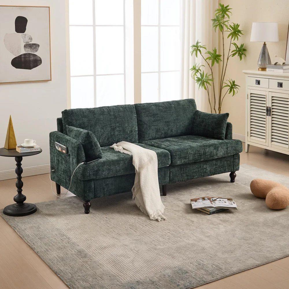 modern 2 seater chenille sofa with wooden legs, led light, usb charging port and storage bag 27