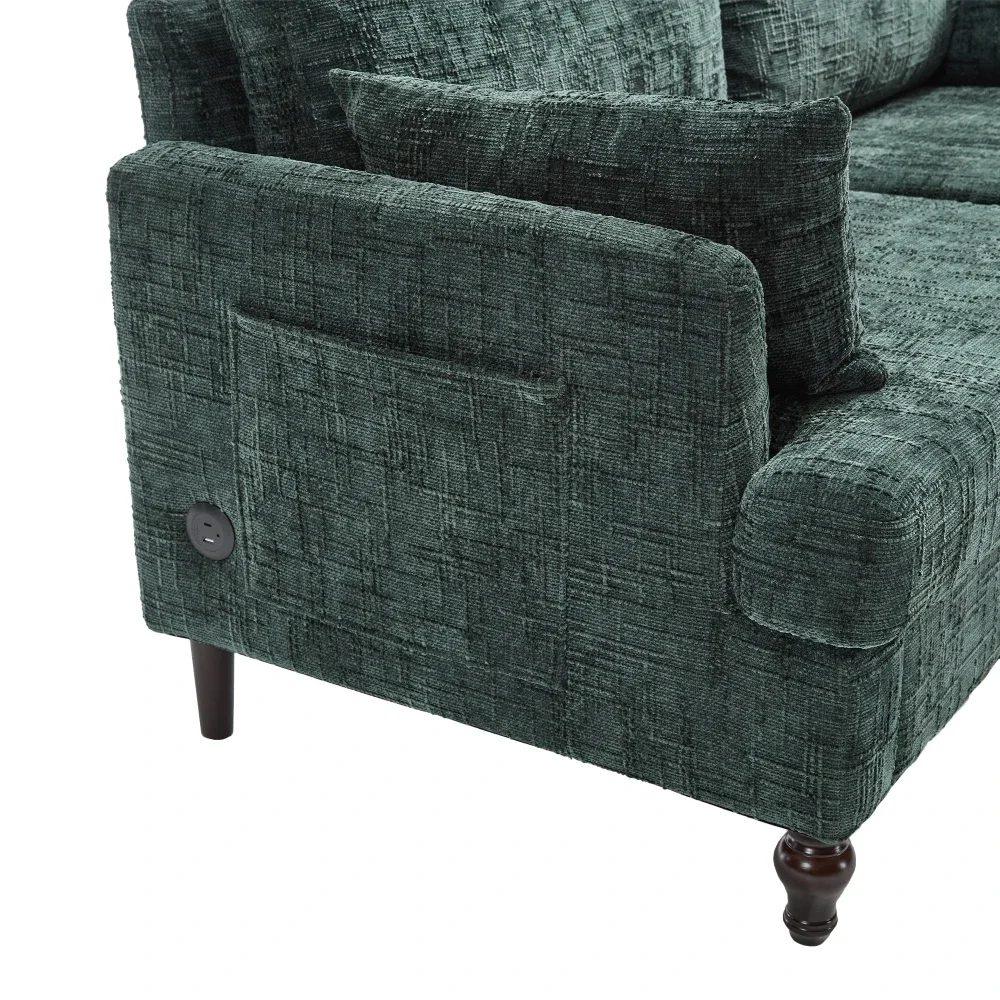 modern 2 seater chenille sofa with wooden legs, led light, usb charging port and storage bag 34