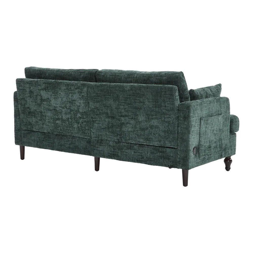 modern 2 seater chenille sofa with wooden legs, led light, usb charging port and storage bag 35