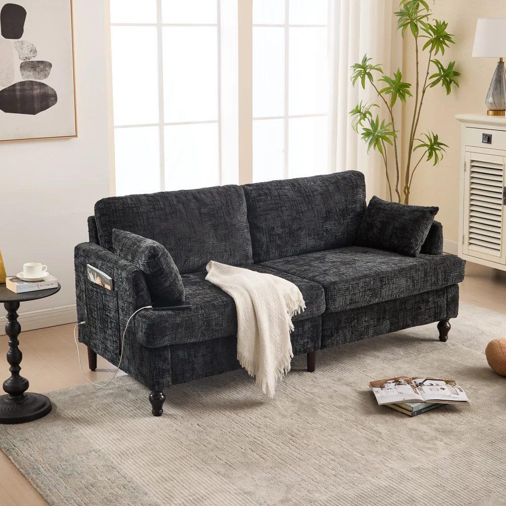 modern 2 seater chenille sofa with wooden legs, led light, usb charging port and storage bag 41