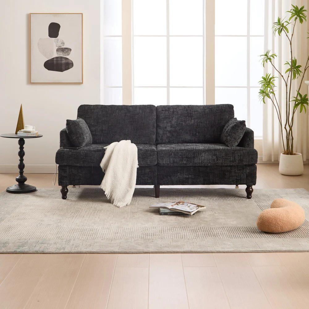 modern 2 seater chenille sofa with wooden legs, led light, usb charging port and storage bag 42