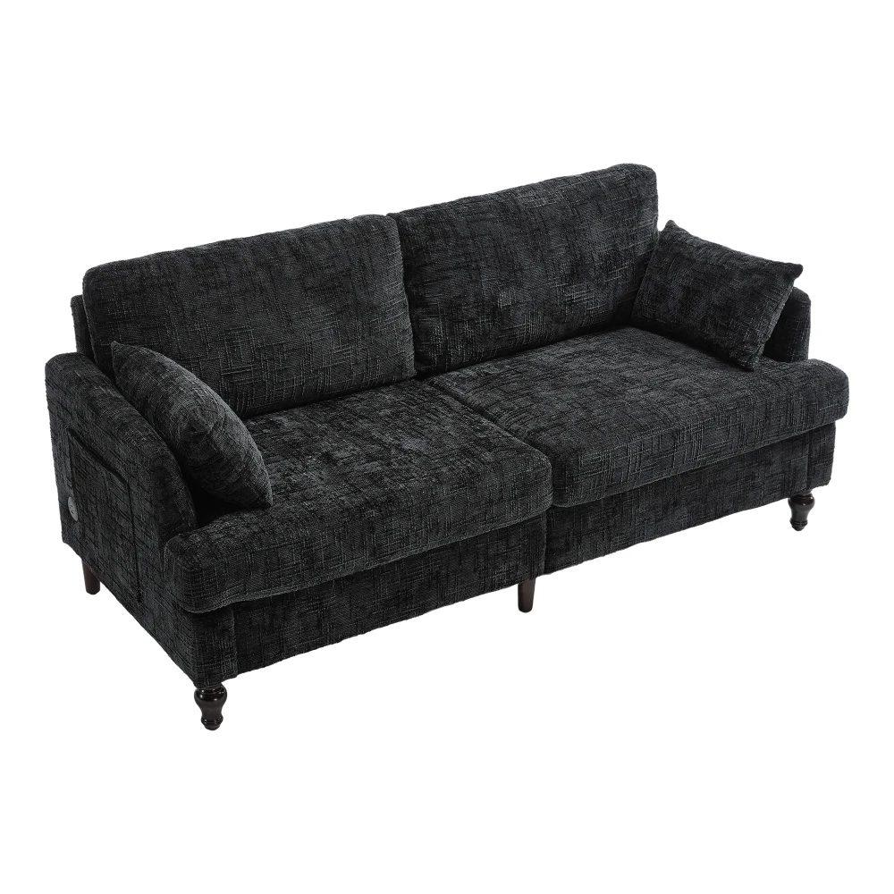 modern 2 seater chenille sofa with wooden legs, led light, usb charging port and storage bag 45