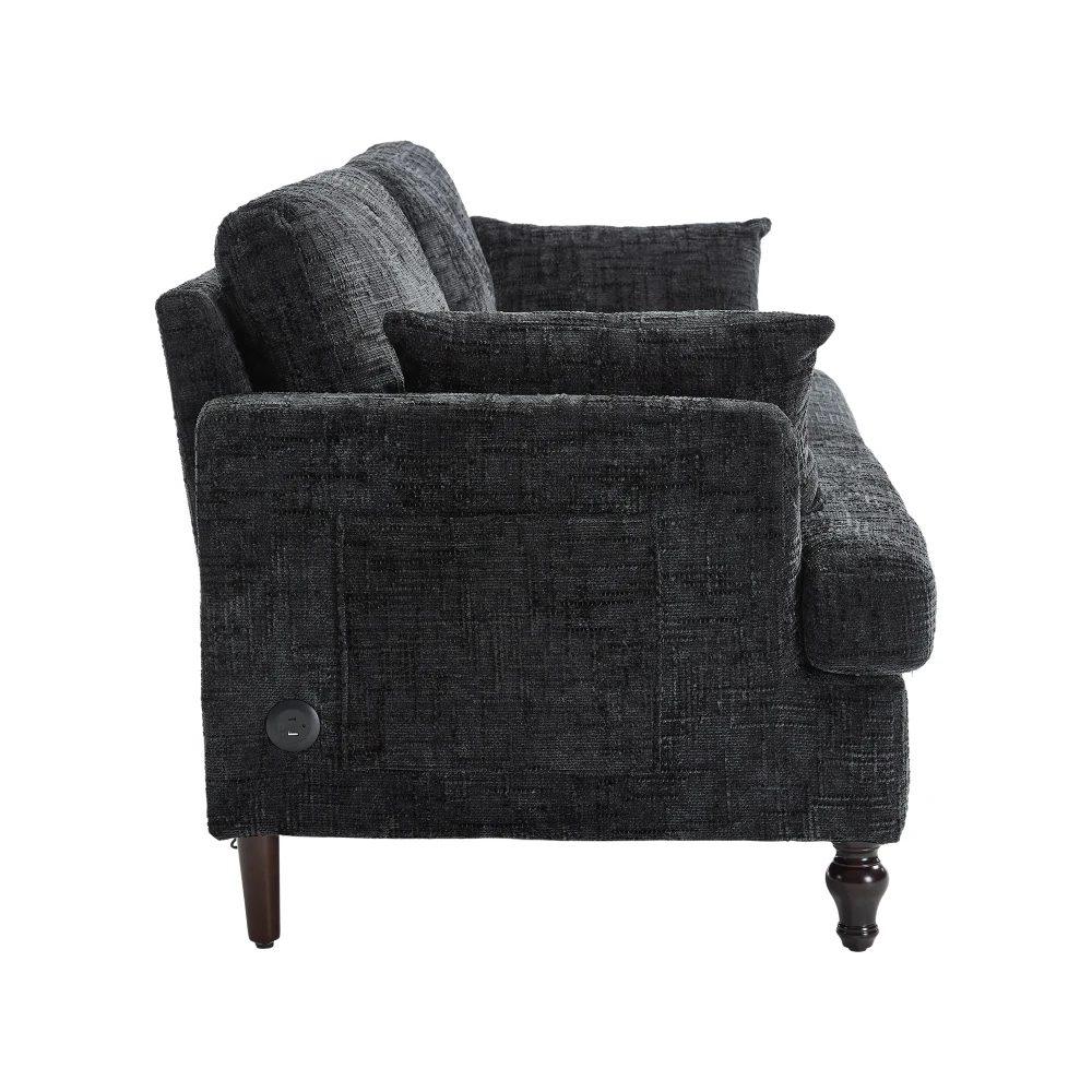 modern 2 seater chenille sofa with wooden legs, led light, usb charging port and storage bag 46