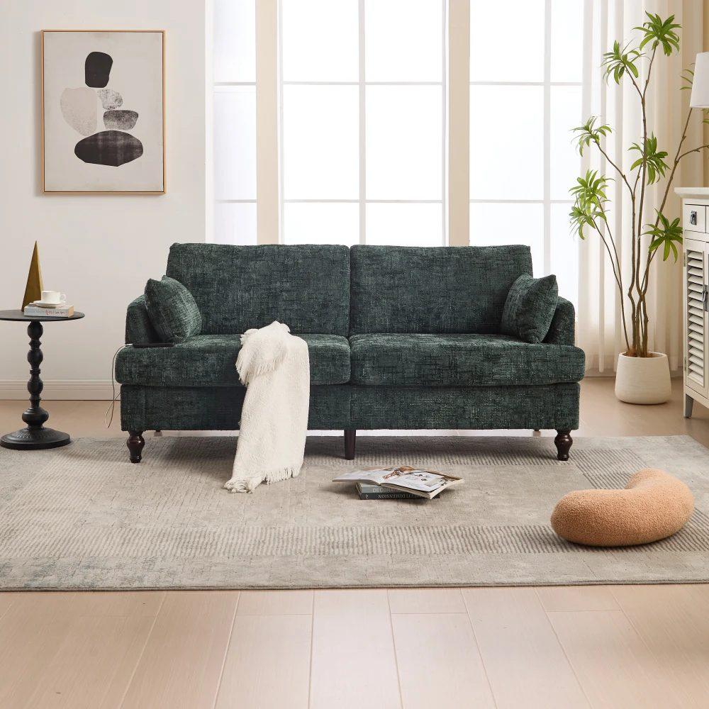 modern 2 seater chenille sofa with wooden legs, led light, usb charging port and storage bag 48