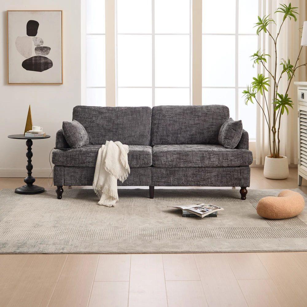 modern 2 seater chenille sofa with wooden legs, led light, usb charging port and storage bag 50