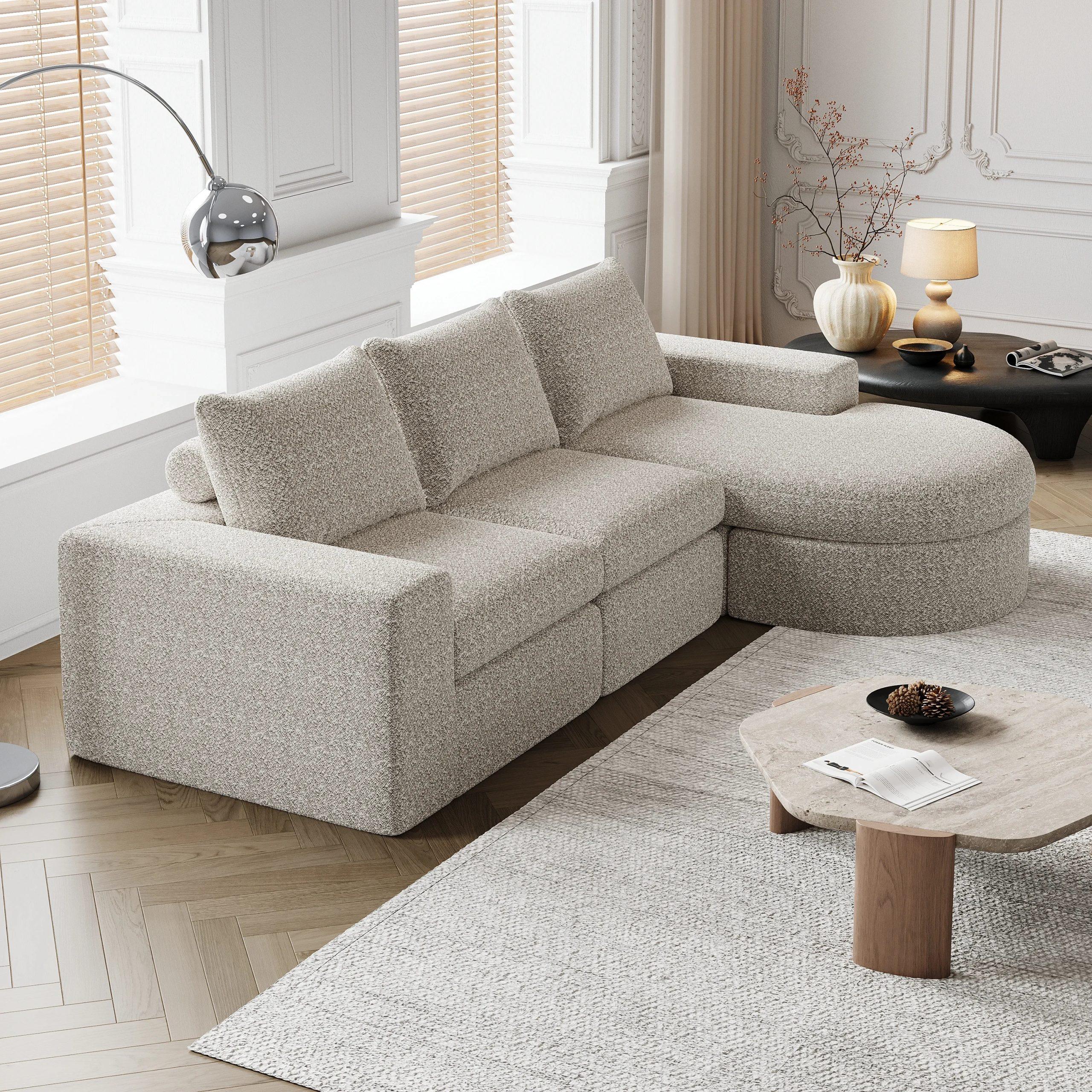 chenille sofa mit gebogenen elementen und liegestuhl, vollständig komprimiert und ohne gestell, modulares kombinationssofa l li 5