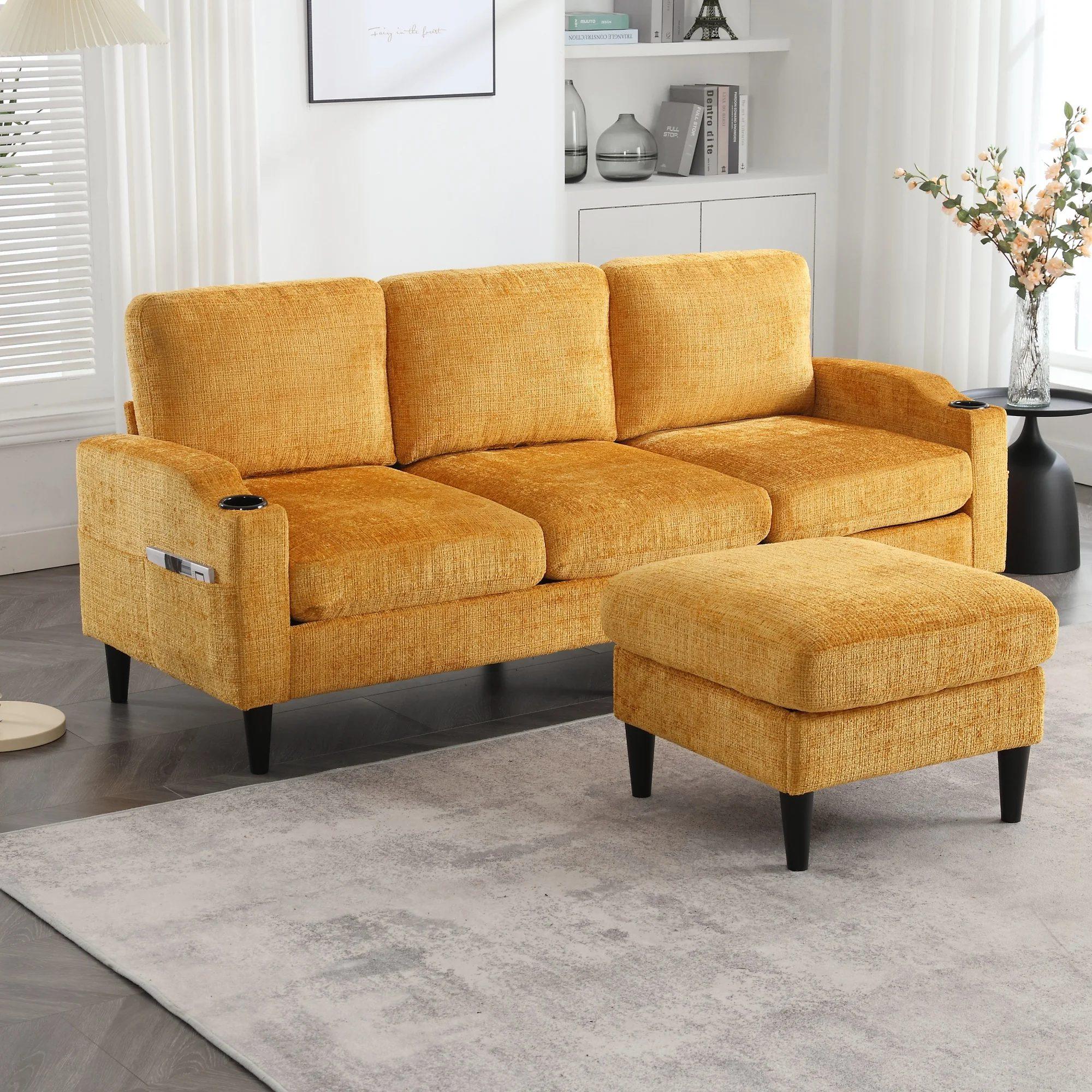 stool and storage sofa, 4 seater upholstered sofa with cup holder, armrests and side pockets for living room 4