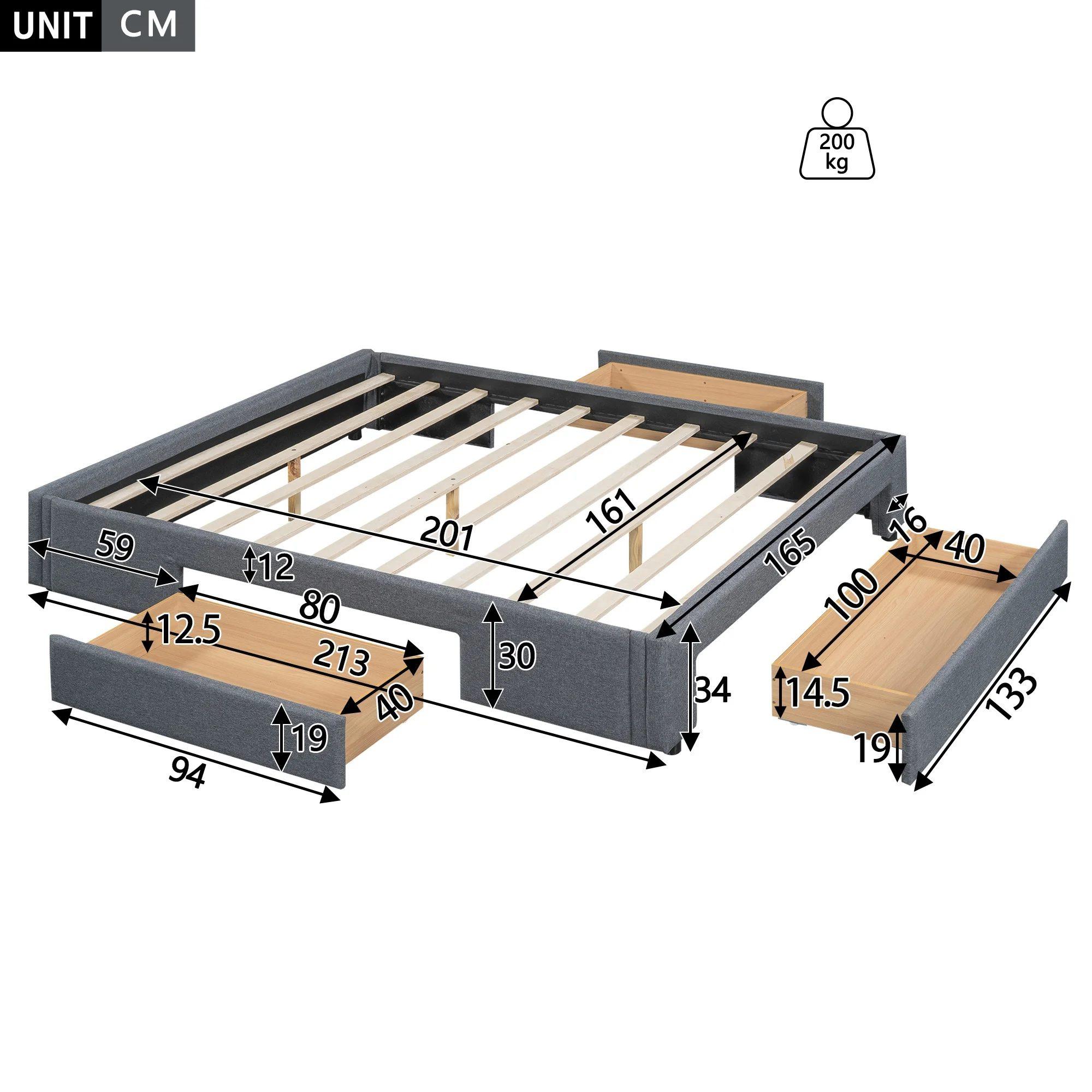 upholstery bed double bed 160×200 cm with 3 drawer, functional storage space bed flat bed with slatted frame without mattress 12