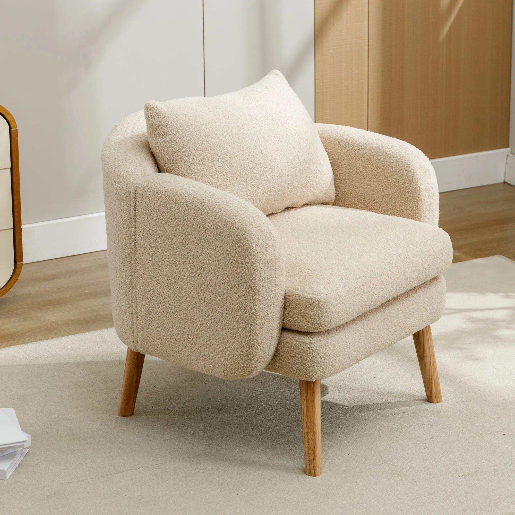 teddy velvet armchair with pillow extra thick pillow armchair, single sofa armchair, padded armchair, solid wood leg chair 5