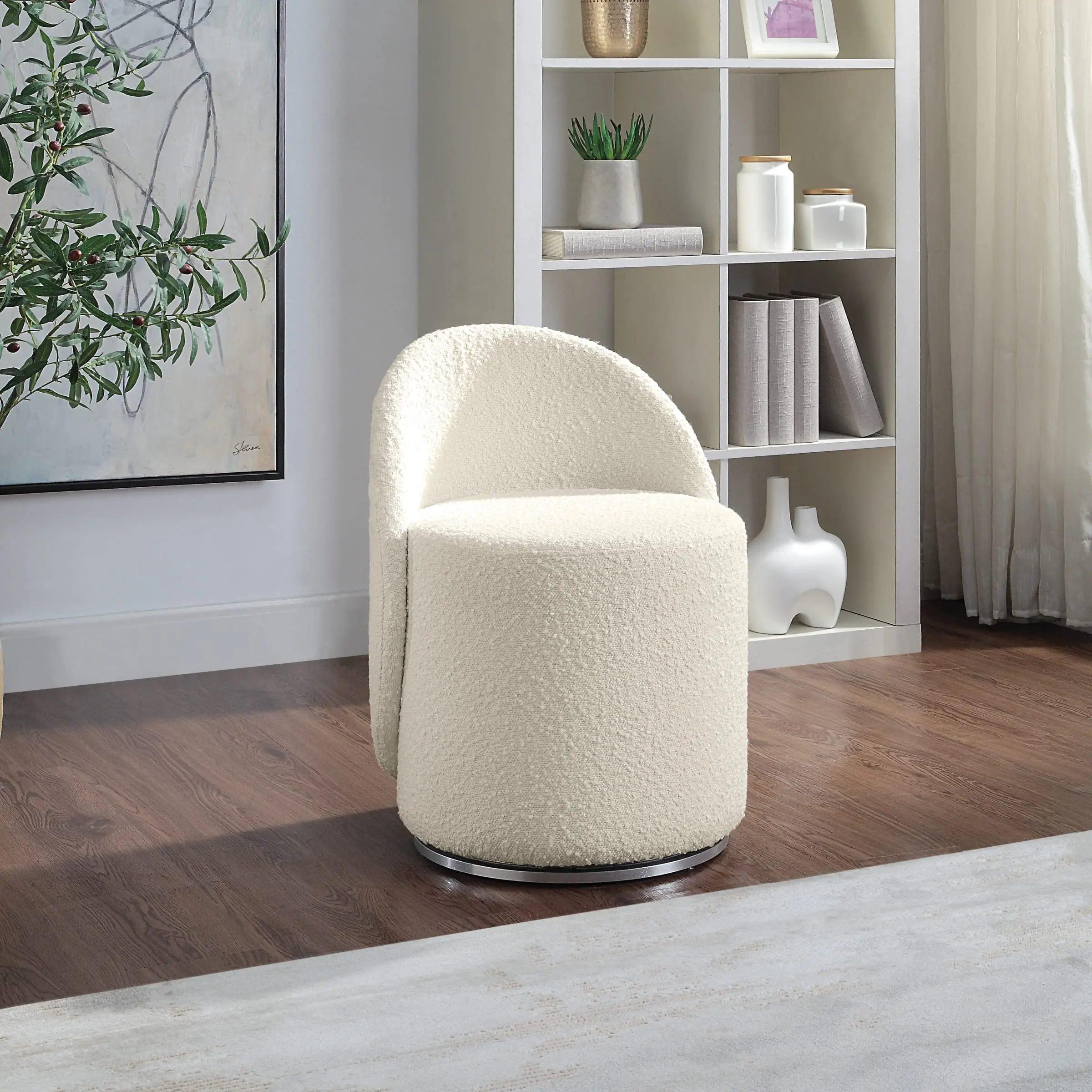 cream swivel barrel vanity chair, upholstered lystra accent chair with textured boucle fabric for bedroom or dressing area 1