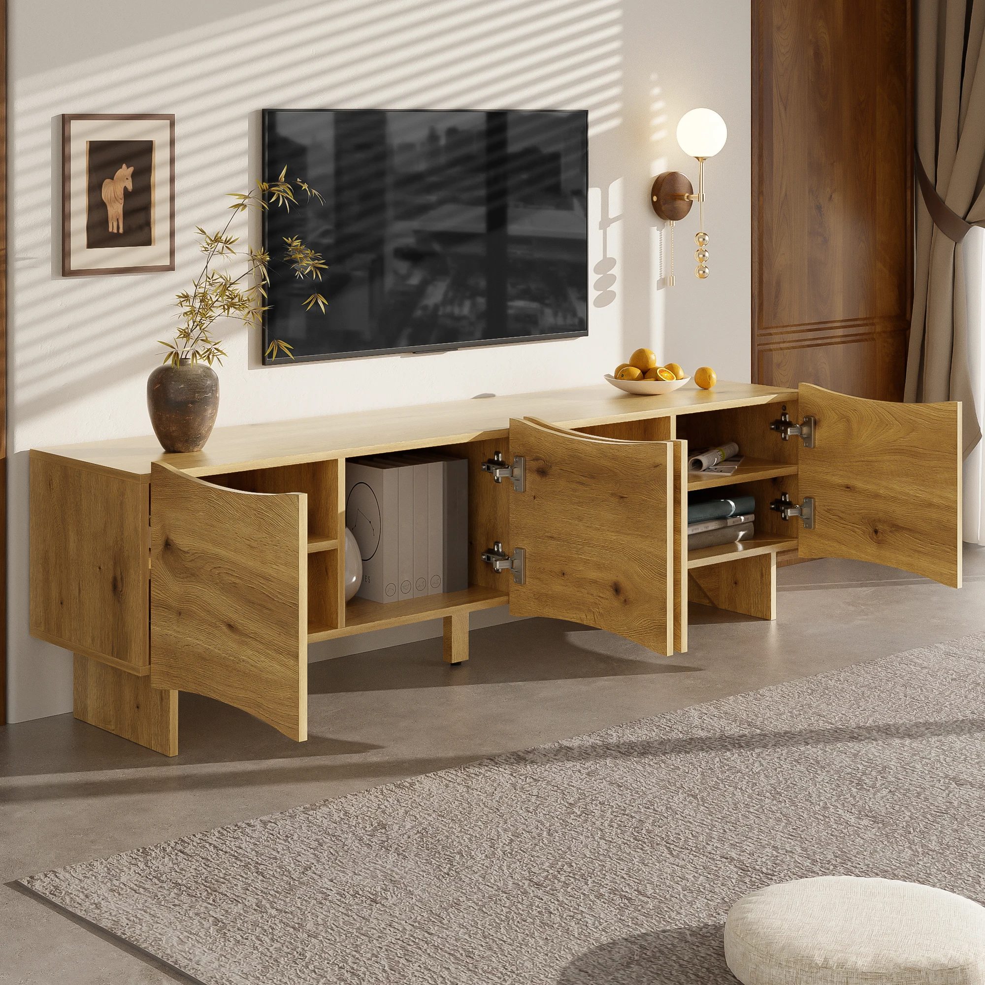 modern tv cabinet with wave pattern – 155 cm media console with storage space, four doors and cable outlets in wood look 3