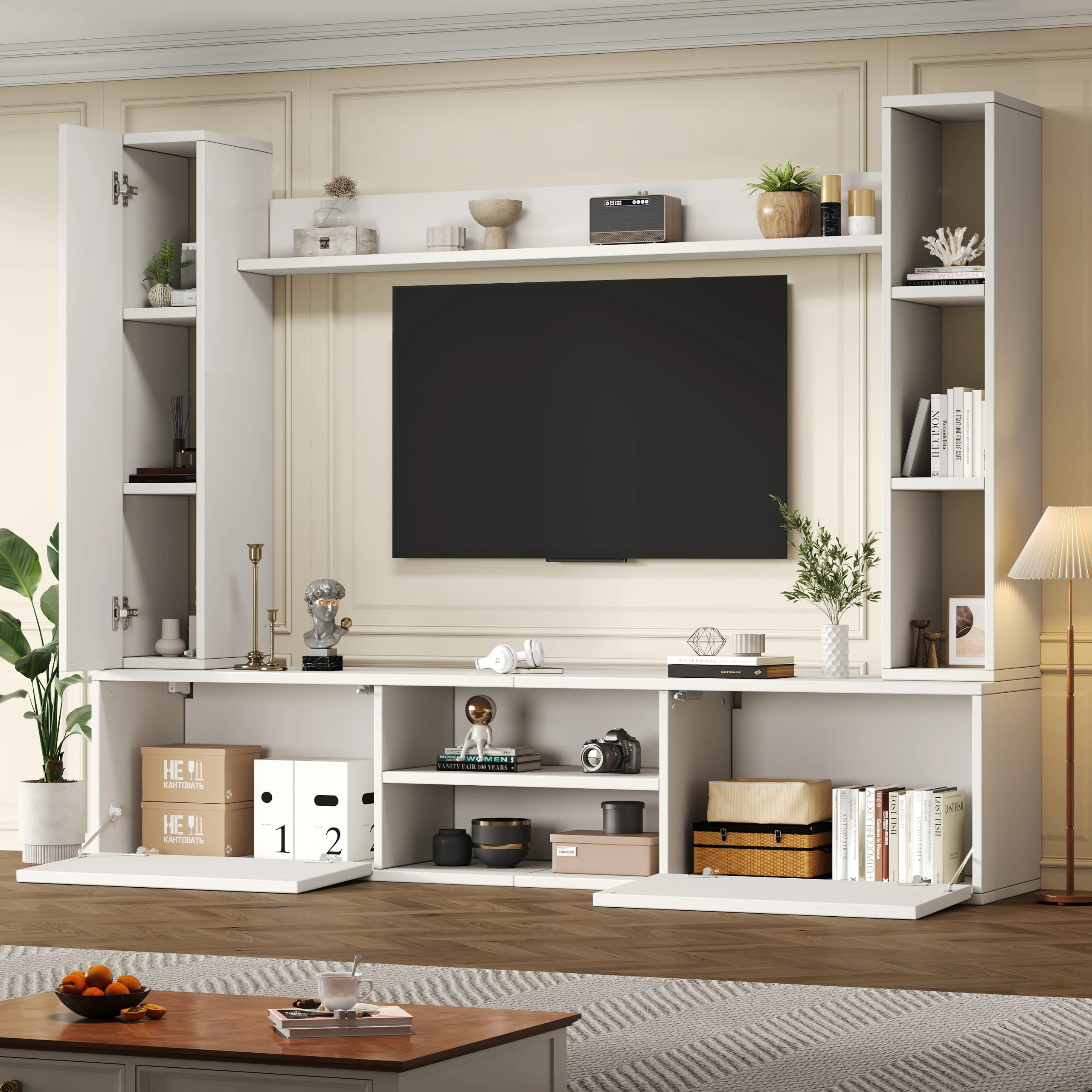 180*35*33.5cm tv wall unit set with display cabinets complete set, 4 pieces, media wall including tv board, standing shelf 7