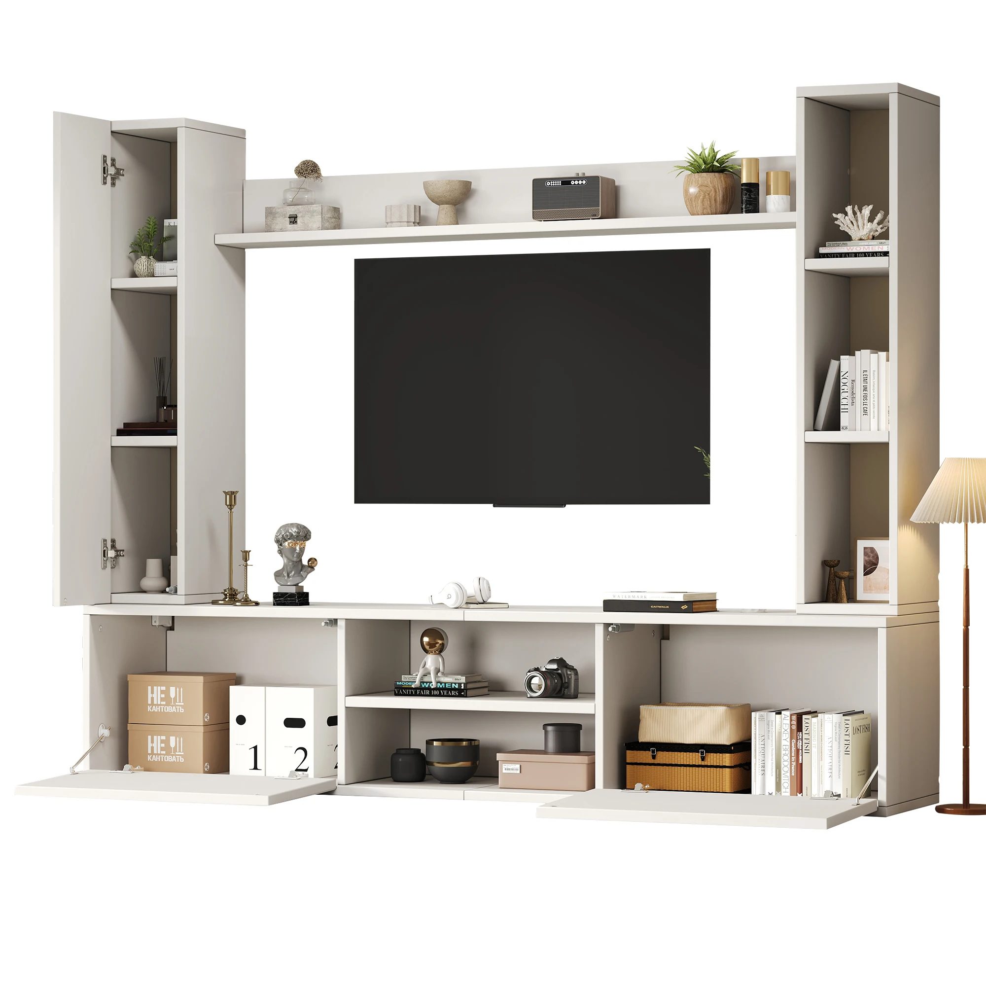 180*35*33.5cm tv wall unit set with display cabinets complete set, 4 pieces, media wall including tv board, standing shelf 25