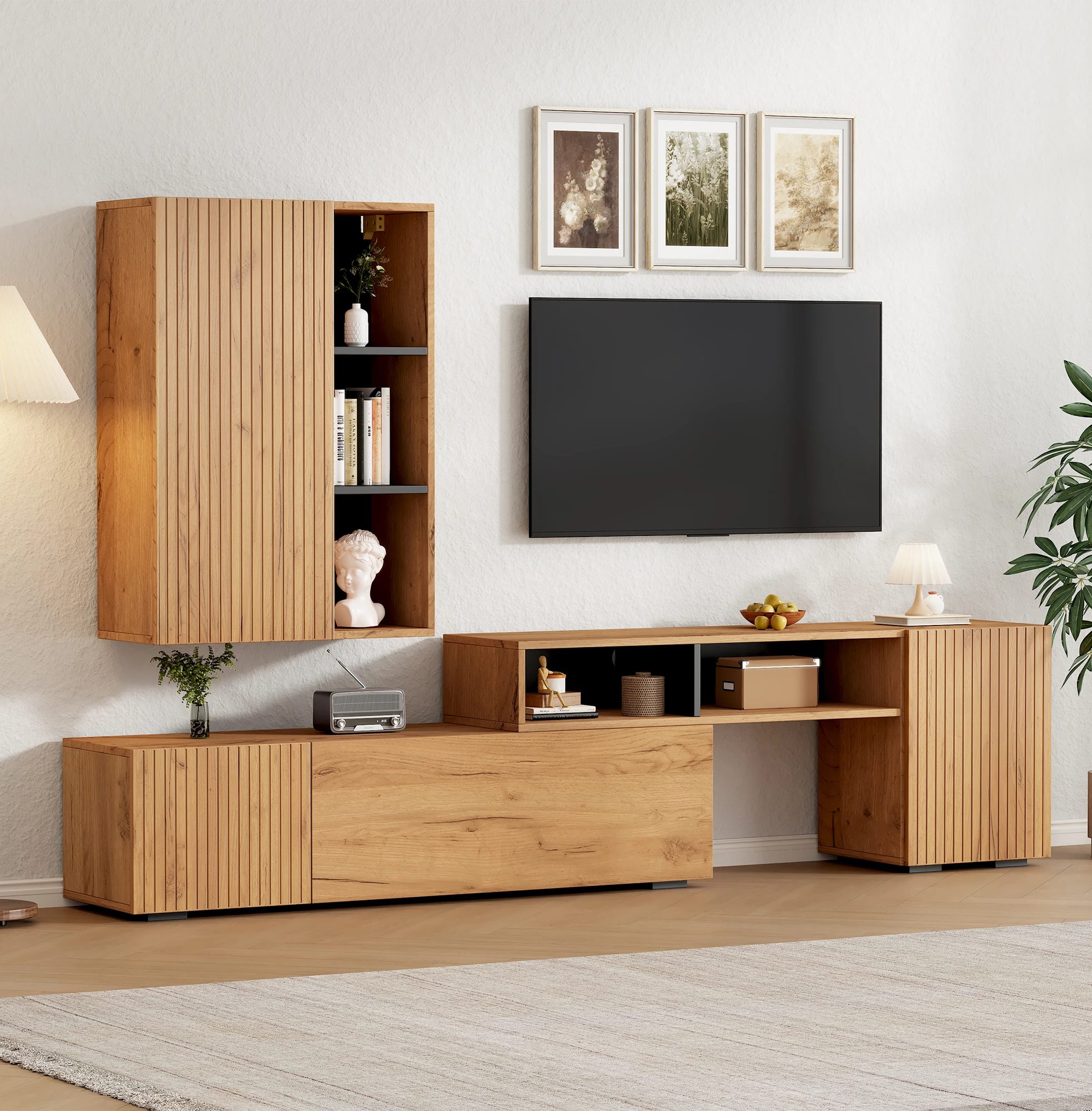 tv wall unit set with display cabinet complete set, 2 pieces, media wall including tv board set and standing shelf 3