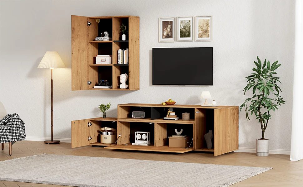 tv wall unit set with display cabinet complete set, 2 pieces, media wall including tv board set and standing shelf 4