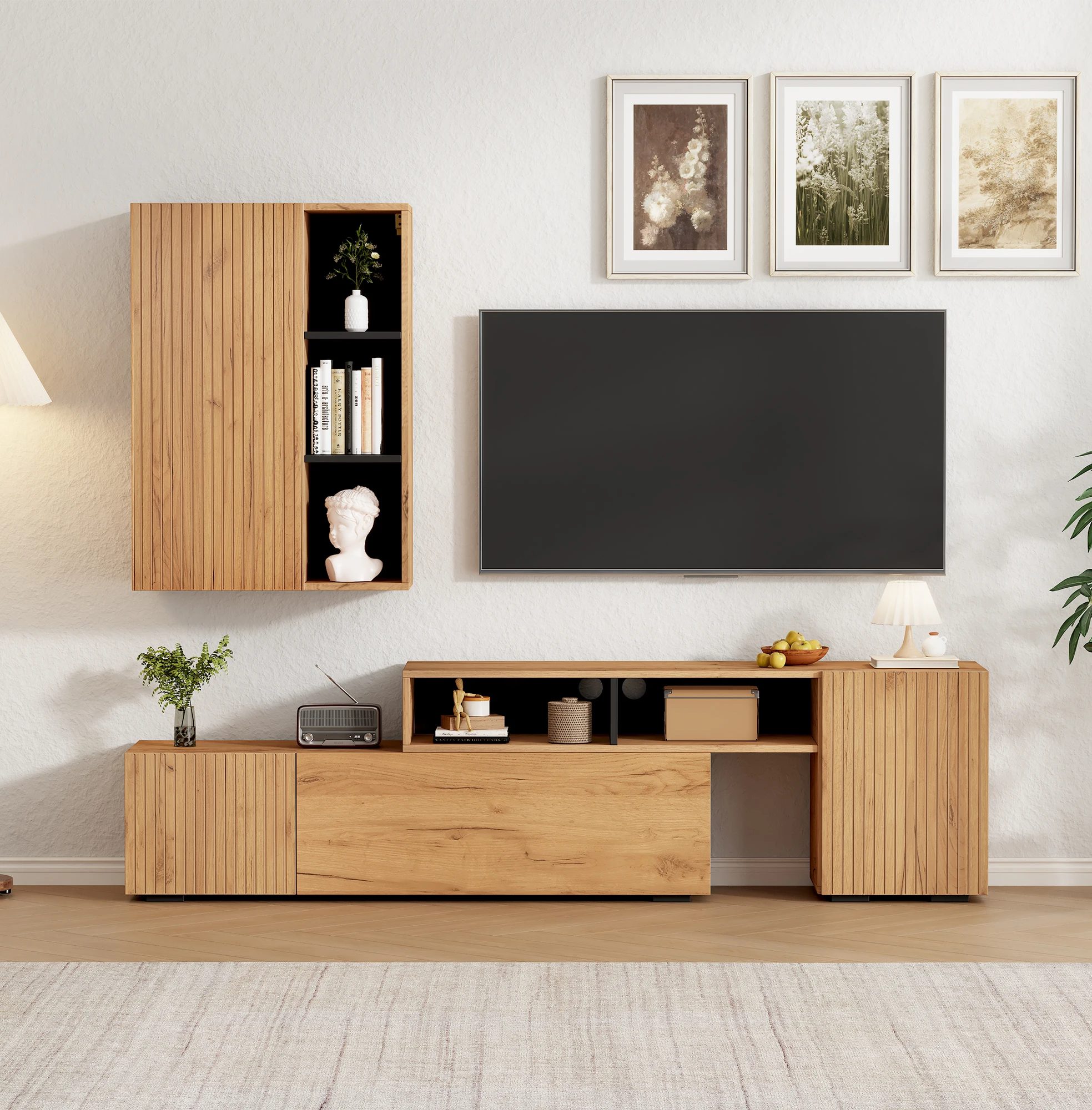 tv wall unit set with display cabinet complete set, 2 pieces, media wall including tv board set and standing shelf 0|