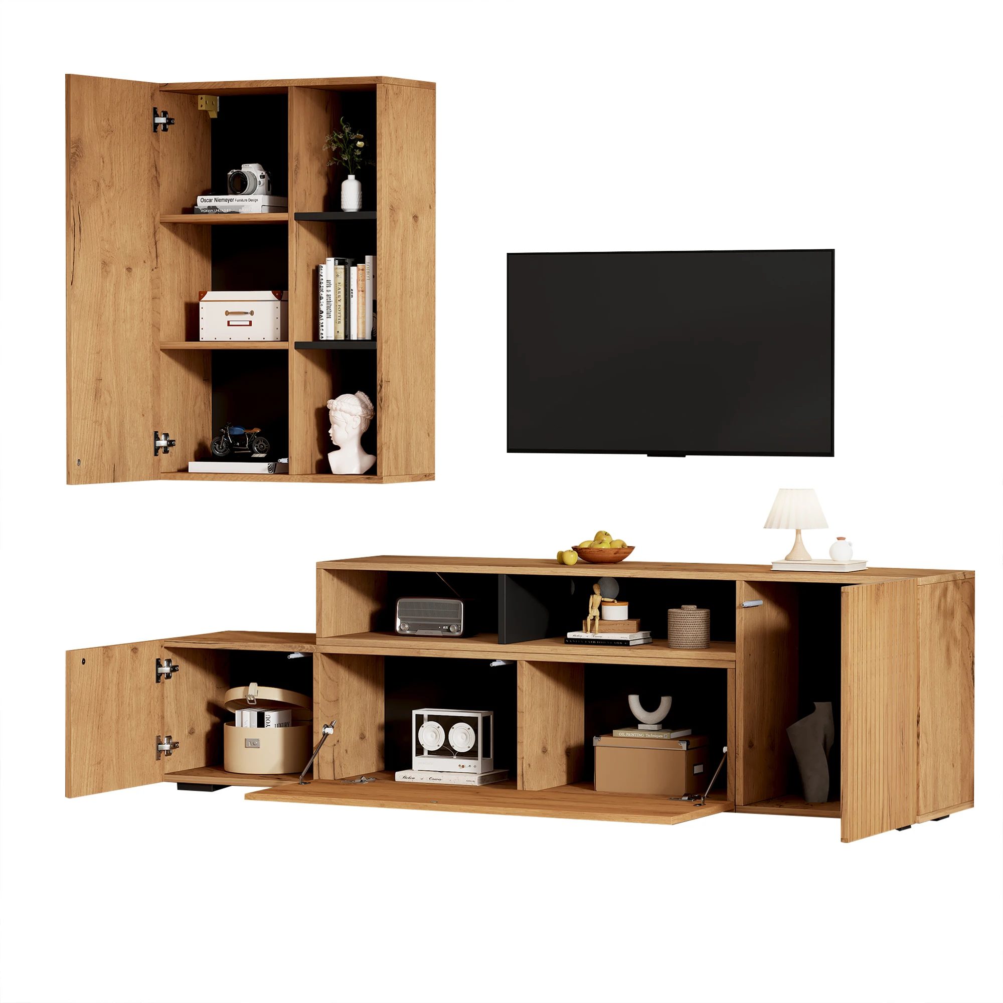 tv wall unit set with display cabinet complete set, 2 pieces, media wall including tv board set and standing shelf 7