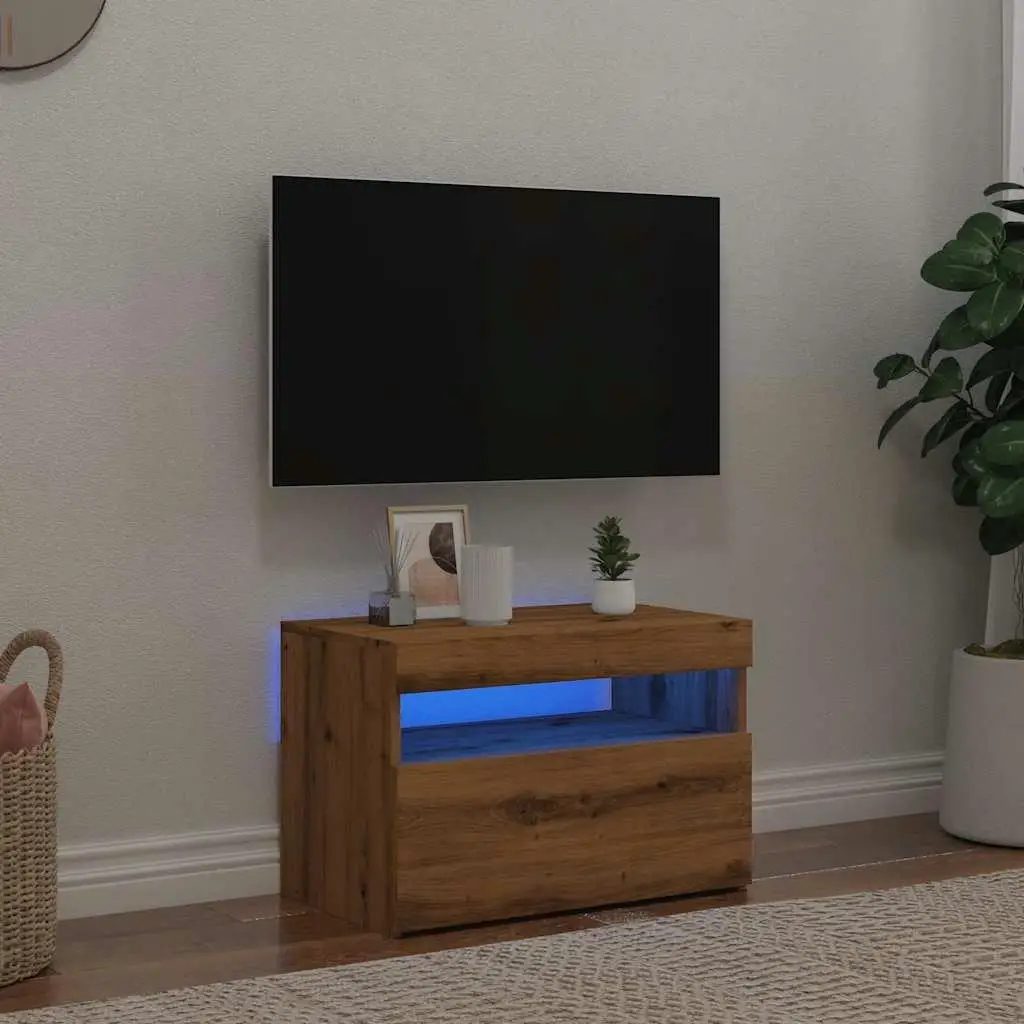 artisan oak tv cabinet with led lights 60x35x40 cm stylish modern storage unit for living room entertainment center 4