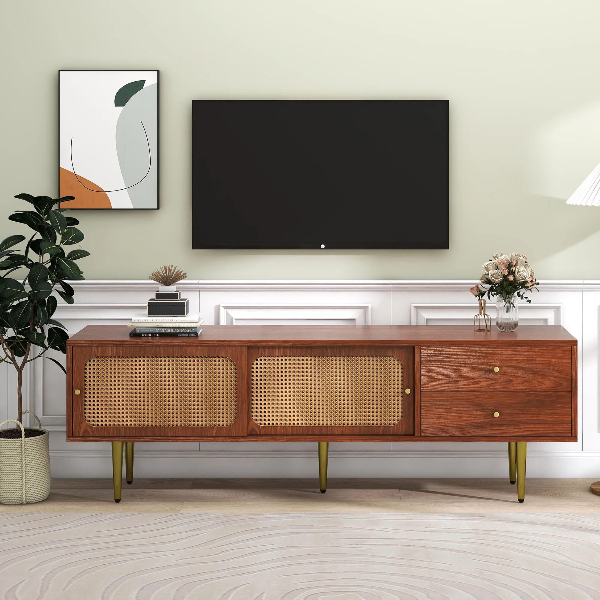 modern tv furniture 160x40x60 cm, sliding rtin and 2 drawers, living room storage, walnut + natural color 1
