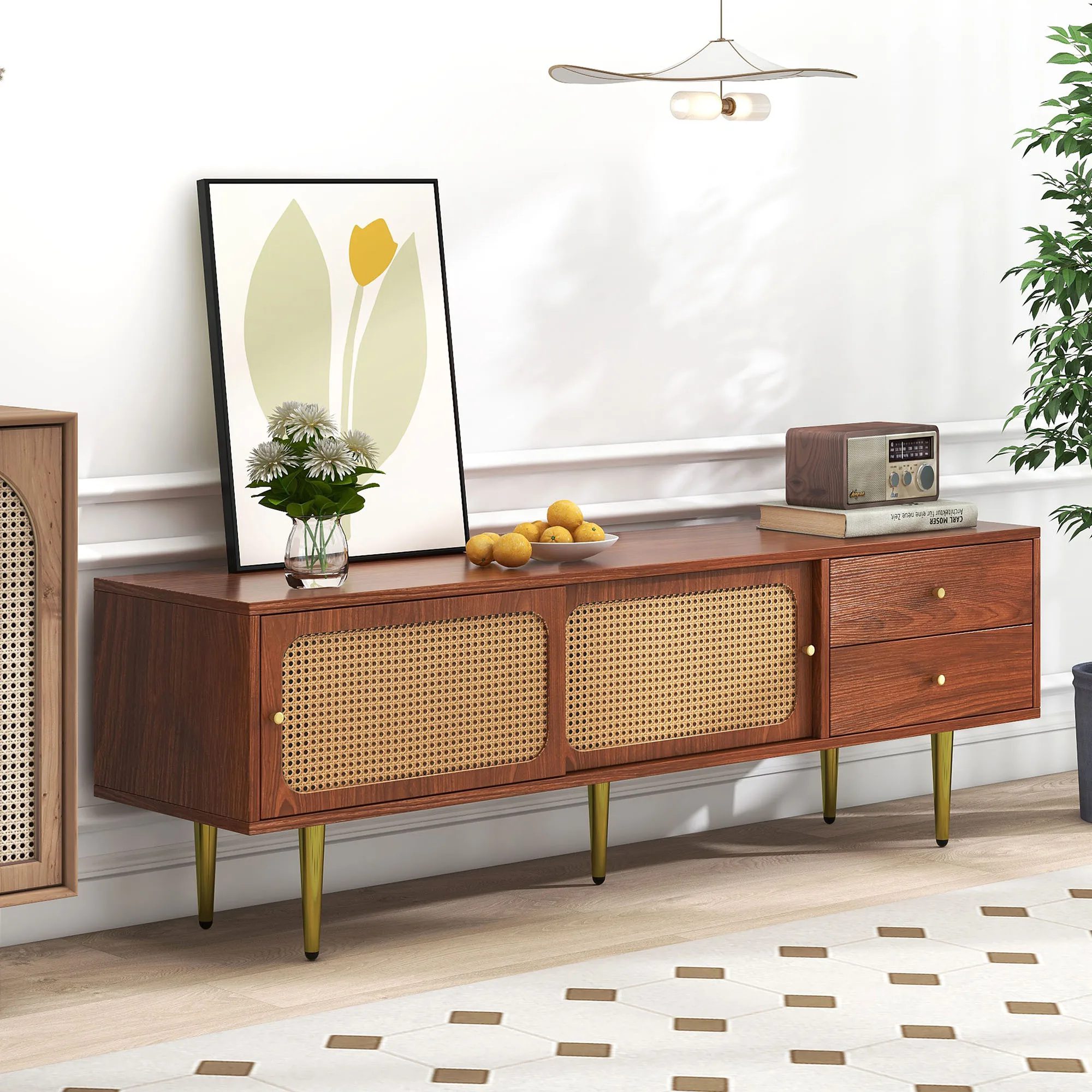 modern tv furniture 160x40x60 cm, sliding rtin and 2 drawers, living room storage, walnut + natural color 2