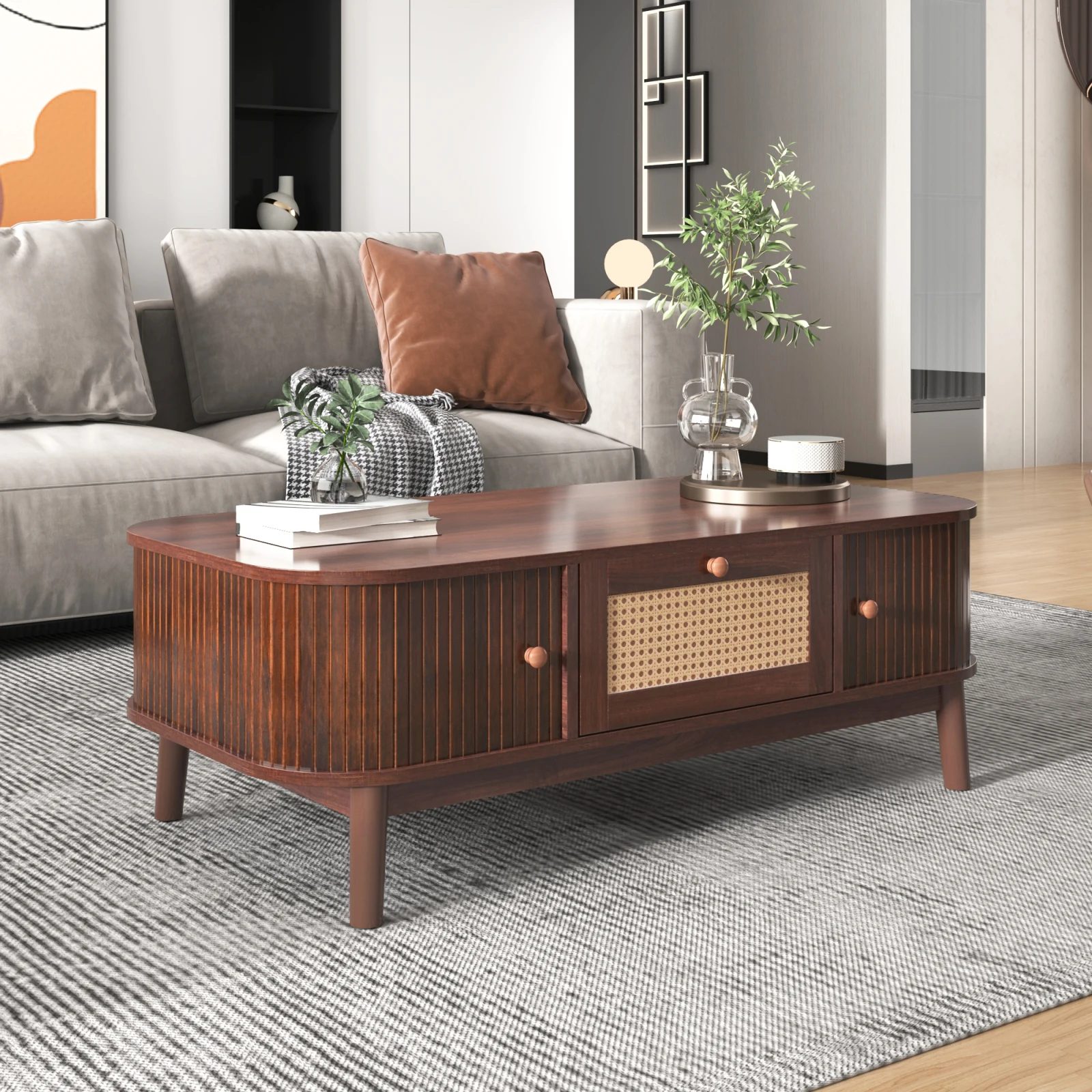 anajqaqia coffee table with rattan drawers and sliding doors,country style rattan coffee table,sofa table for living room,office 4
