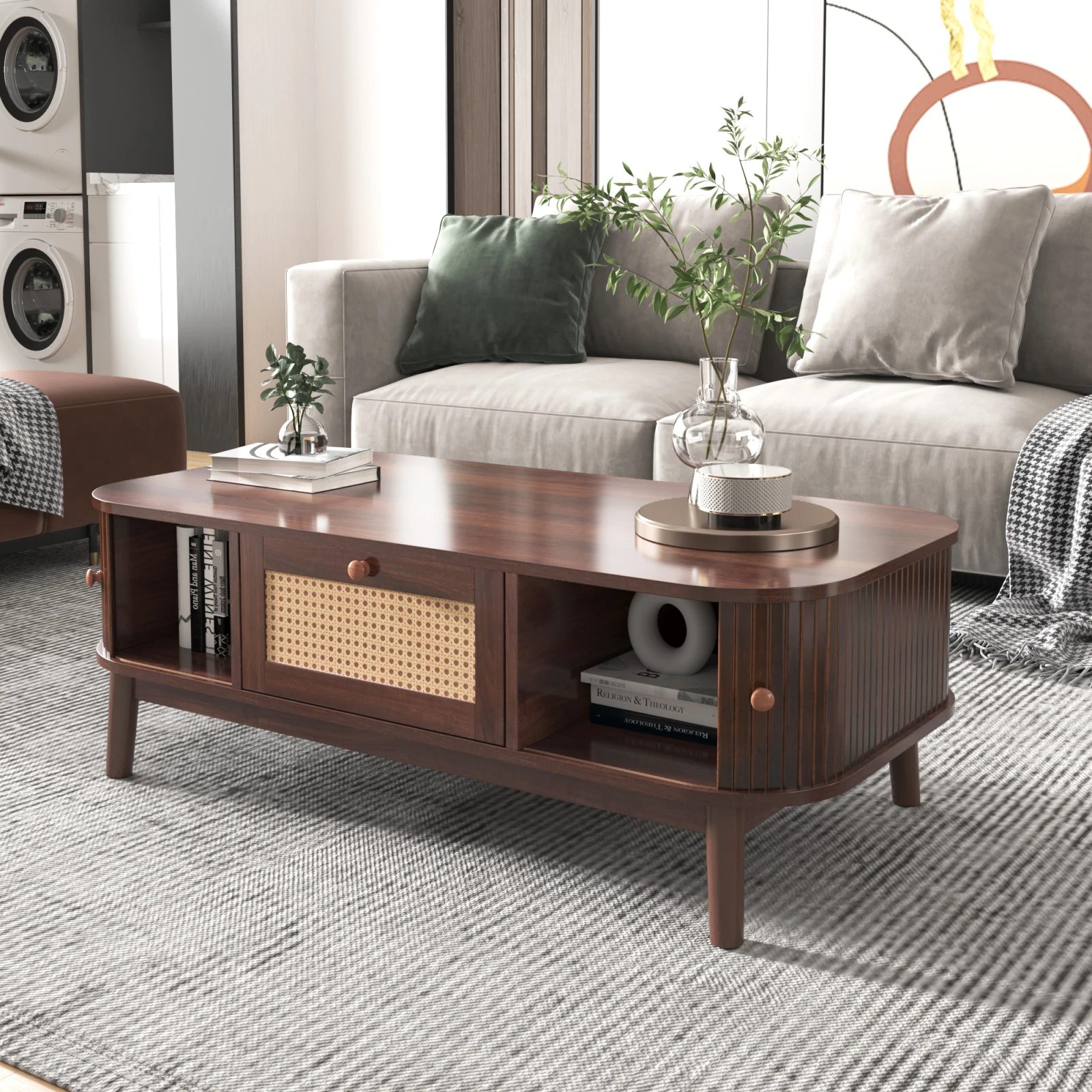 anajqaqia coffee table with rattan drawers and sliding doors,country style rattan coffee table,sofa table for living room,office 8