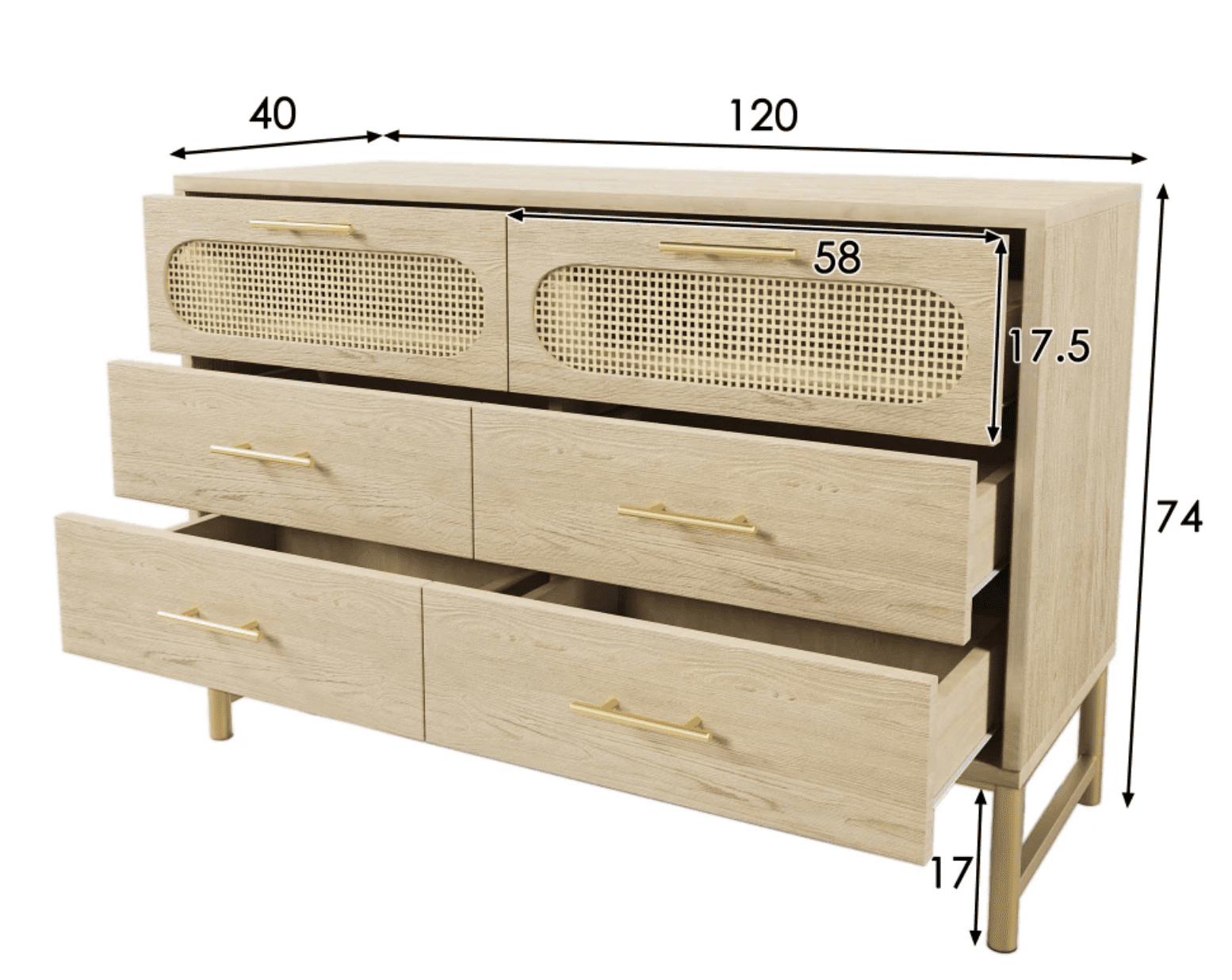 120x40x74cm sonoma oak sideboard 6 drawer chest w/ rattan fronts & metal handles, tilt protection for living room & bedroom 120x40x74cm sonoma oak sideboard 6 drawer chest w/ rattan fronts & metal handles, tilt protection for living room & bedroom