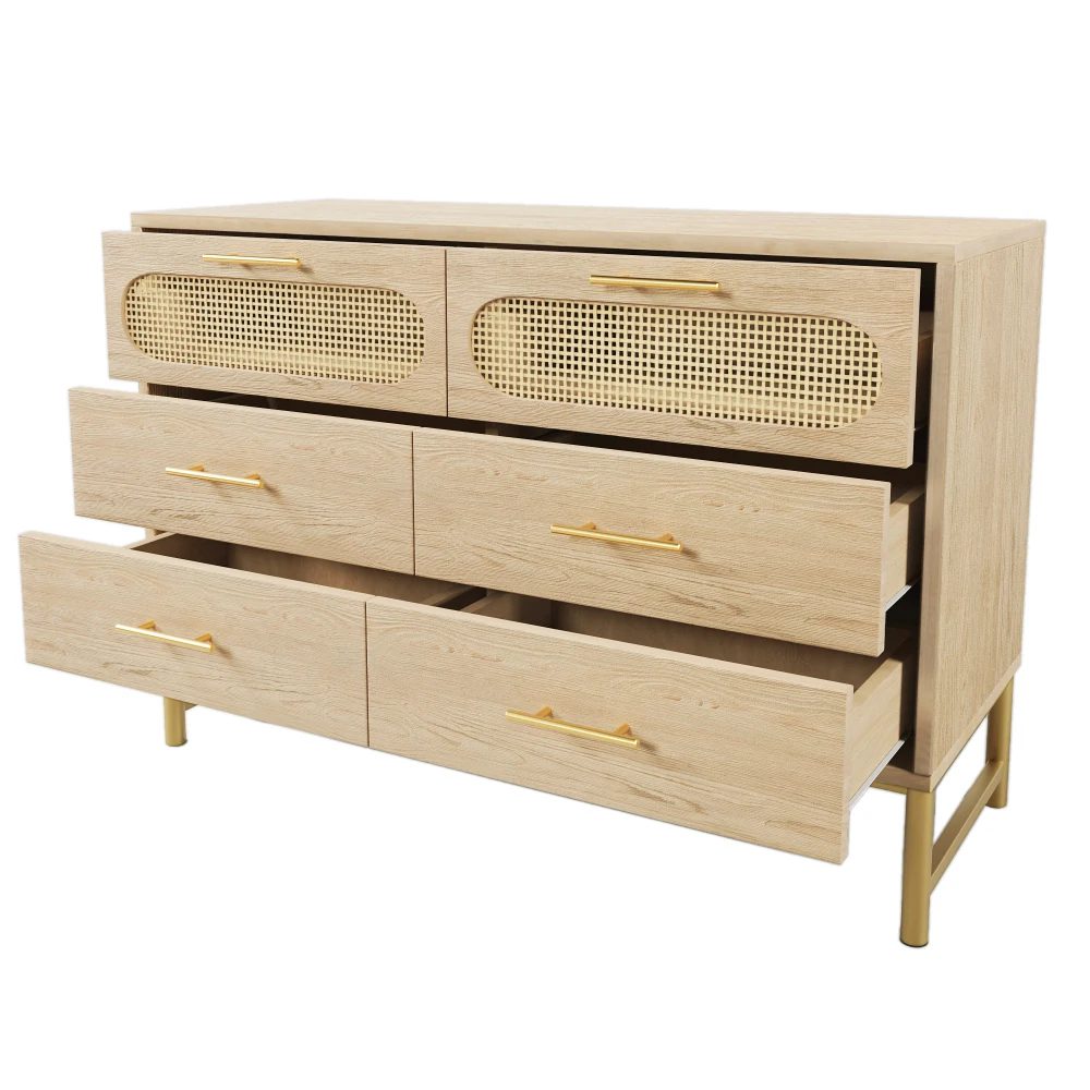 120x40x74cm sonoma oak sideboard 6 drawer chest w/ rattan fronts & metal handles, tilt protection for living room & bedroom 0|