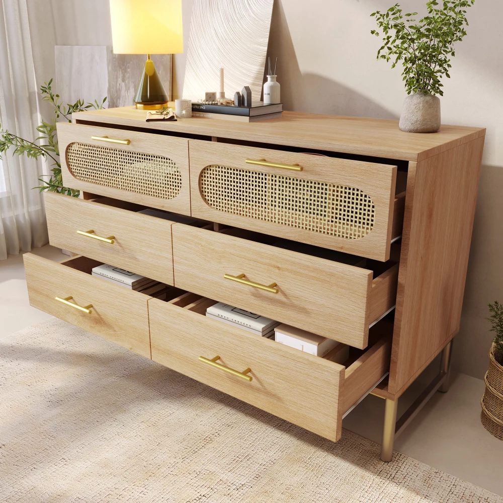 120x40x74cm sonoma oak sideboard 6 drawer chest w/ rattan fronts & metal handles, tilt protection for living room & bedroom 2