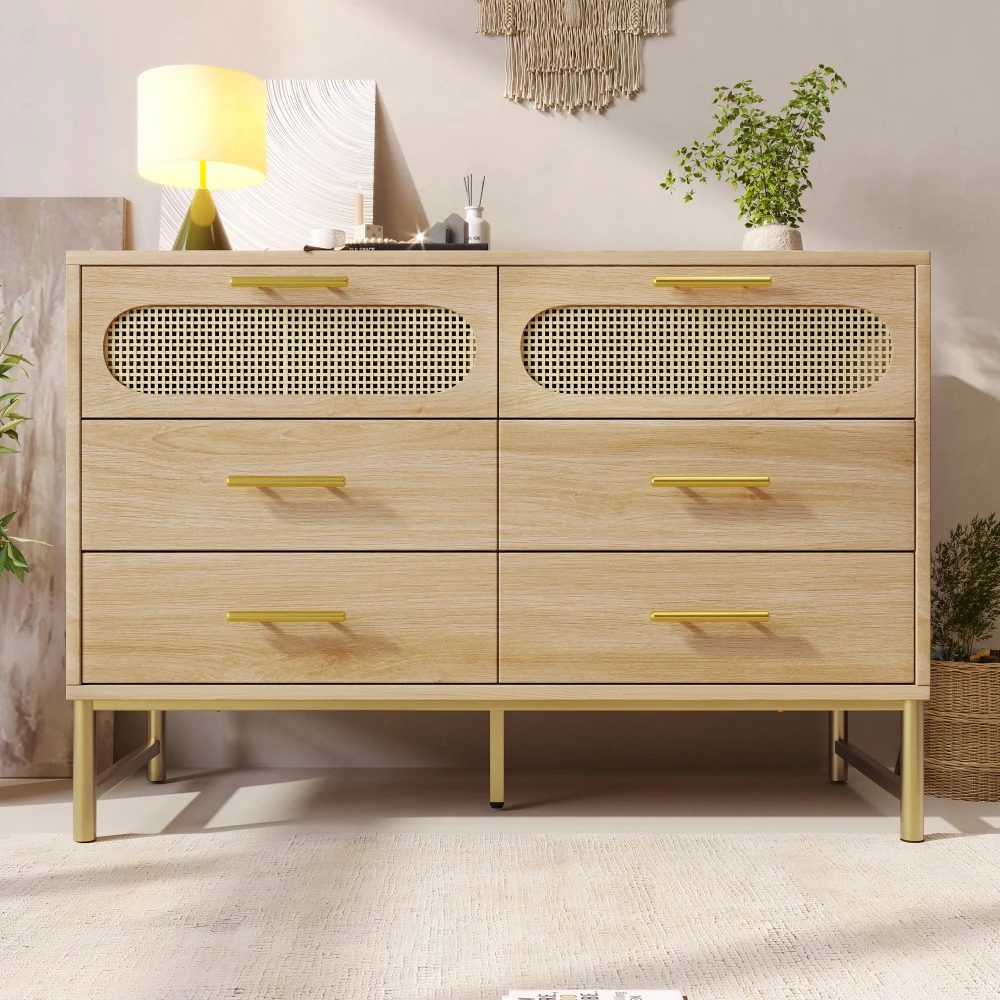 120x40x74cm sonoma oak sideboard 6 drawer chest w/ rattan fronts & metal handles, tilt protection for living room & bedroom 3