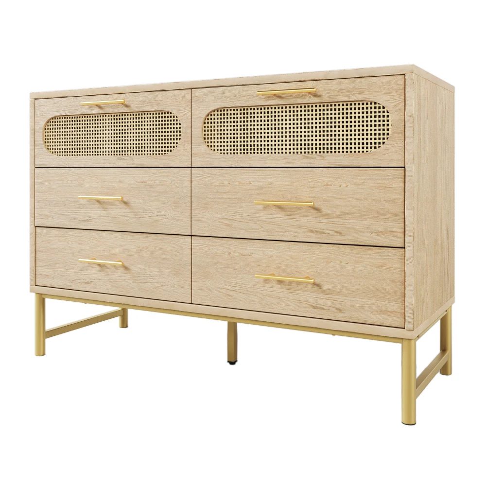 120x40x74cm sonoma oak sideboard 6 drawer chest w/ rattan fronts & metal handles, tilt protection for living room & bedroom 5