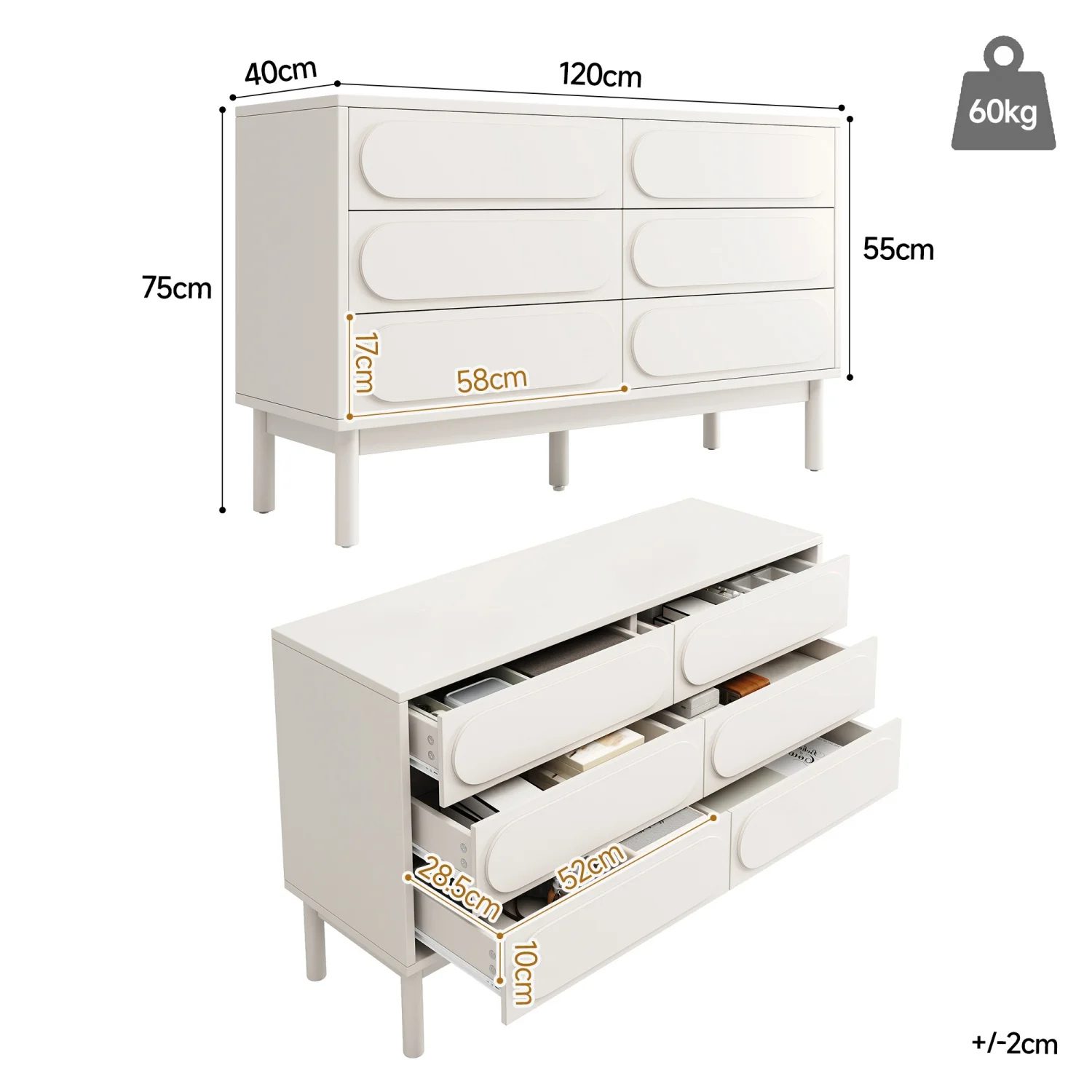 120x40x75cm drawer chest of drawers white lacquered 6 drawer with adjustable feet,storage cabinet for bedrooms, living room 8
