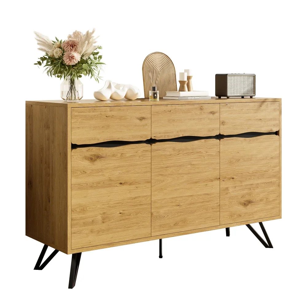 living room cabinet 3 door wooden sideboard with metal legs modern design, plenty of storage for living room dining room hallway 1