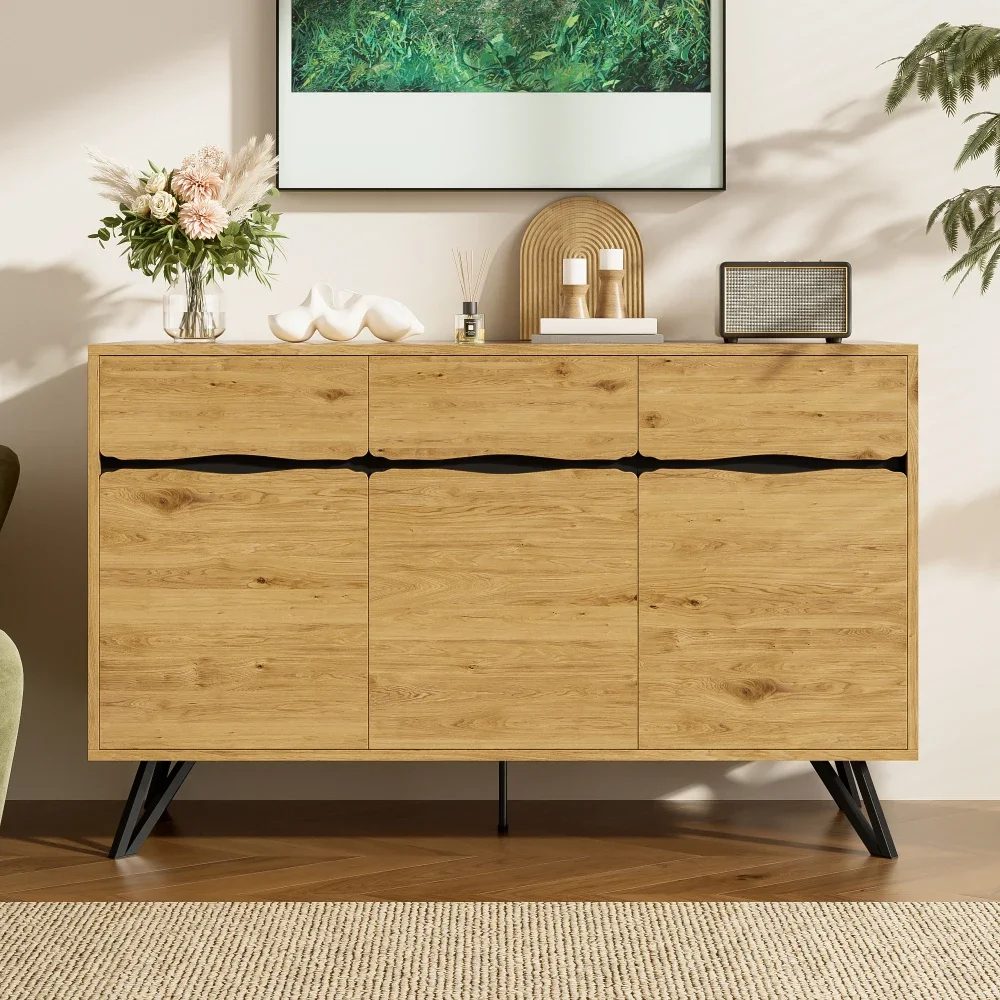 living room cabinet 3 door wooden sideboard with metal legs modern design, plenty of storage for living room dining room hallway 2