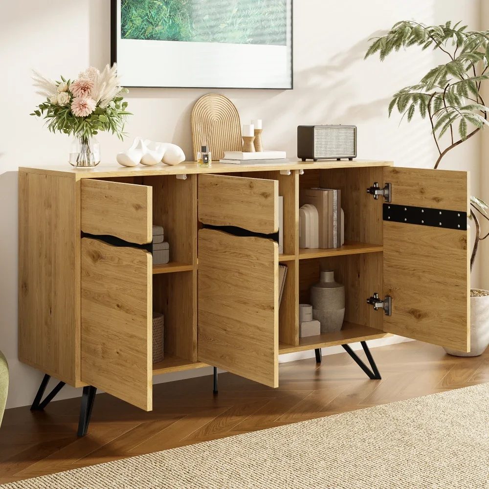 living room cabinet 3 door wooden sideboard with metal legs modern design, plenty of storage for living room dining room hallway 3