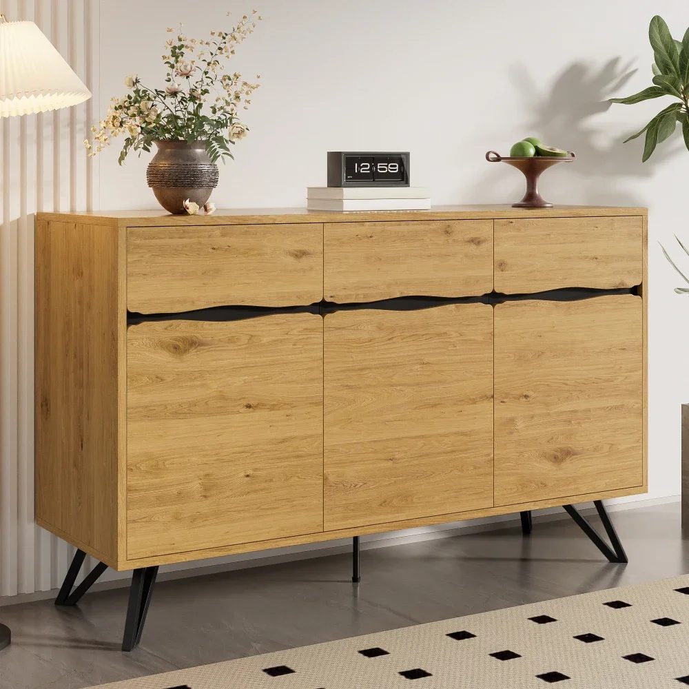 living room cabinet 3 door wooden sideboard with metal legs modern design, plenty of storage for living room dining room hallway 5