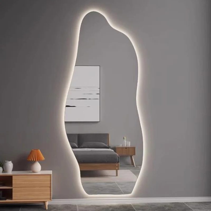 led smart asymmetrical art mirror wall wavy irregular vanity mirror full body shower nordic long spiegel wand home decorations 1